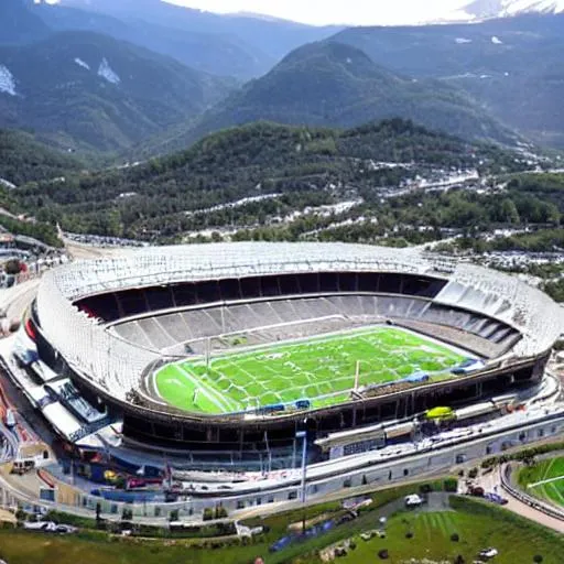 Prompt: A football stadium nearby A mountain with crowds of people,A full parking lot with a lot of cars and 11 buildings