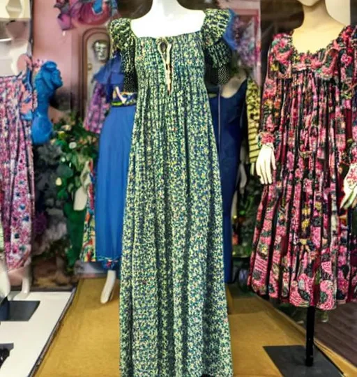 Prompt: photo of a traditional 1970's  Gunne Sax formal Boho dress
on a mannequin, traditional 1970's window display 