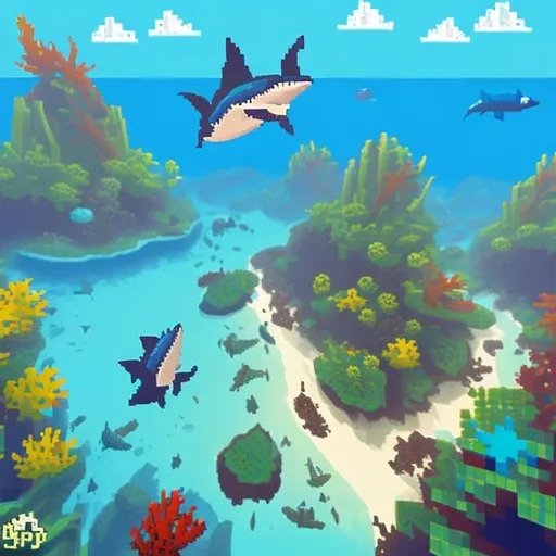 Prompt: coral reef with shark pixel art