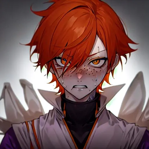 Prompt: Erikku male adult (short ginger hair, freckles, right eye blue left eye purple) UHD, 8K, Highly detailed, insane detail, best quality, high quality, in pain