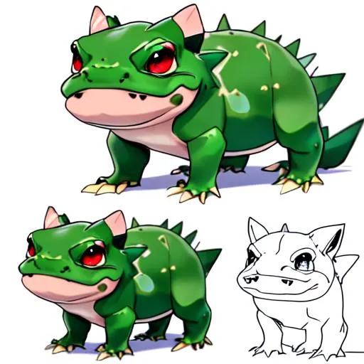 Prompt: HD, High Quality, 5K, Anime, Bulbasaur, small quadrupedal amphibian,  blue-green skin with darker patches, It has red eyes with white pupils, pointed, ear-like structures on top of its head, and a short, blunt snout with a wide mouth. A pair of small, pointed teeth are visible in the upper jaw when its mouth is open. Each of its thick legs ends with three sharp claws. On Bulbasaur's back is a green circular plant bulb that conceals two slender, tentacle-like vines, which is grown from a seed planted there at birth. The bulb also provides it with energy through photosynthesis as well as from the nutrient-rich seeds contained within, forest, Pokémon by Frank Frazetta