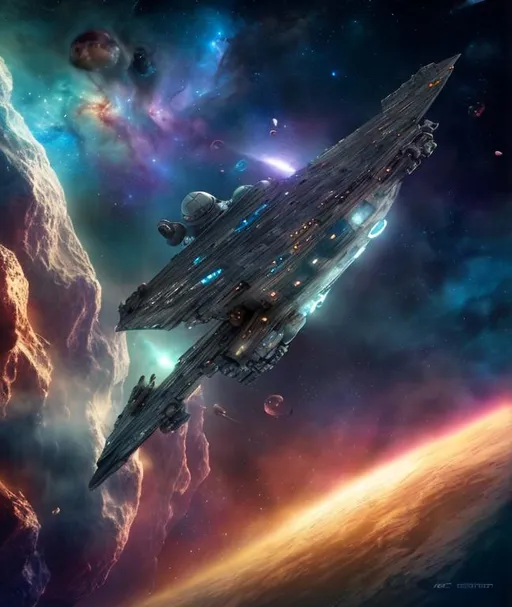 Prompt: Space Ship on Deep Space, silver metal , silver color on the outer hull of the ship, ((ship shown in diagonal view)), spaceship positioned with a 45 degree inclination Space Nebula on background, stars, planets, comets, cosmic dust, highly-detailed, masterpiece, photographic image, cinematic, washed out palette, soft pastel color palette, light trails, dynamic composition, hyperrealistic, super detailed, 8k, high quality, sharp focus, intricate details, highly detailed, dynamic lighting, highest quality,