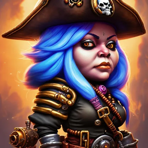 Prompt: Portrait of 1 Female Gnome from World of Warcraft, Pirate hat, Steampunk, artificer, pistol, 8K, High definition, Hyperrealist.