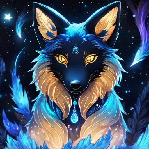 Prompt: A translucent kyūbi no kitsune that is glowing, black and blue fur, nebula, glitter, in the den, beneath the stars, bioluminescent, highres, best quality, concept art