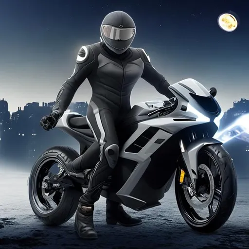 Prompt: A men in black suit with super bike on moon