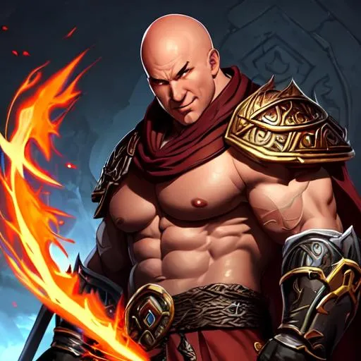 Prompt: Splash art of a bald muscular monk in the art of Diablo. He has a brutish physique with scars on his face and body. His eyes are fierce. He has a round nose and a wry smile, with grey lips.