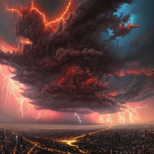Prompt: Create a Fantasy, Epic, Stunning, Spectacular, cinematic, 3D, Hi Def, intricately detailed image of  glamorous, ultra-realistic, view of the red sky with lightning strikes between two skyscrapers. Professional Photo Realistic Image, RAW, artstation, splash style dark fractal paint, contour, hyper detailed, intricately detailed, unreal engine, fantastical, intricate detail, steam screen, complementary colors, fantasy concept art, 8k resolution, deviantart masterpiece, splash arts, ultra details Ultra realistic, hi res, UHD, 64k, 3D rendering.