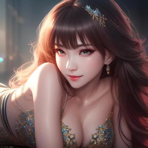 Prompt: splash art, by Greg rutkowski, hyper detailed perfect face,

beautiful kpop idol lying down, full body, long legs, perfect body,

high-resolution cute face, perfect proportions,smiling, intricate hyperdetailed hair, light makeup, sparkling, highly detailed, intricate hyperdetailed shining eyes,  

Elegant, ethereal, graceful,

HDR, UHD, high res, 64k, cinematic lighting, special effects, hd octane render, professional photograph, studio lighting, trending on artstation