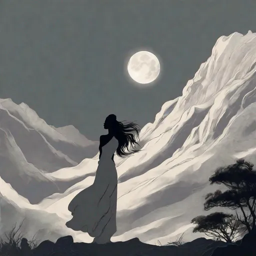 Prompt: when the moon shines, the silhouette of the beauty appears, the big moon on mountain contrasts the elegant woman standing
