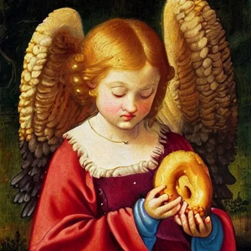 Prompt: a Renaissance style painting of an angel eating a doughnut