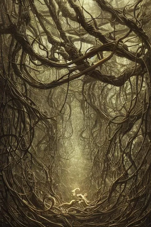 Prompt: Densely tangled forest branches by Shaun Tan and Eywind Earle, trending on artstation, evocative, highly detailed. japanese Art ,  Symbolism, Ornamental, Brad Kunkle highlydetailed, close up