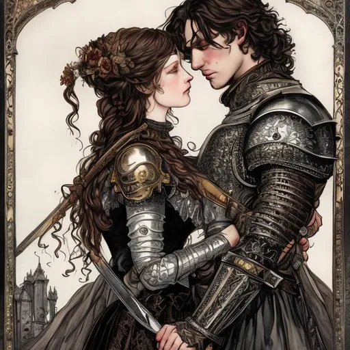 Prompt: Victorian woman in love with a Medieval knight, style of Ayami Kojima