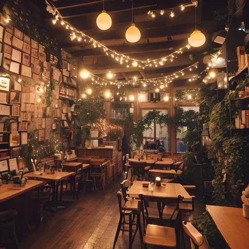 Prompt: A warm and cute cafe, with yellow fairy lights and books strewn over tables. It gives of a Happy and chirp vibe 