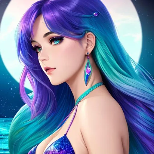 Prompt: Beautiful mermaid, soft blue and magenta hair(fade), multicolored hair, sparkles, pretty eyes, green mermaid tail, bikini top, bright crescent moon, water, reflections, neutral face, best quality, high quality, high res, 64k, UHD, detailed, focus, low side angle 