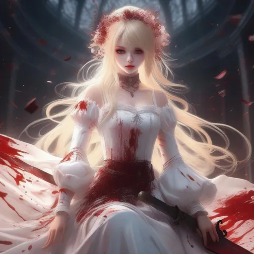 Prompt: 3d anime woman covered in blood angelic blonde hair and white dress with a knife and beautiful pretty art 4k full HD