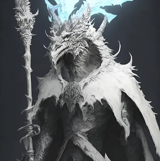 Prompt: D&D, fantasy, D&D dragonborn, D&D white dragonborn, druid, ice druid, white leather cloak, dragon head, dragon face, holding a druidic staff, tallons for hands, white leather coat, leather tunic, leather armor, in the wilderness