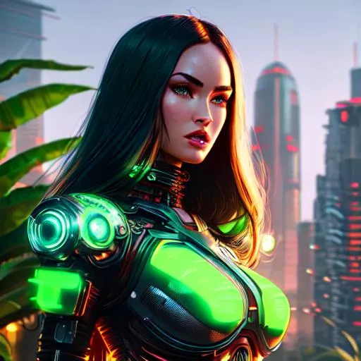 Prompt: CREEPY Android Woman , Megan Fox, Pixar Style Eyes, Glow in Hair, intricately flowing hair, Cyborg GREEN GLOW Body, Intricate  RED metal lace body armor, 50mm (((face))), Cyberpunk garden in the background, cinematic Shot, intricate details, Cinematic lighting, Soft light, ornamental artwork by Tooth wu and Beeple, insane details, photorealistic 