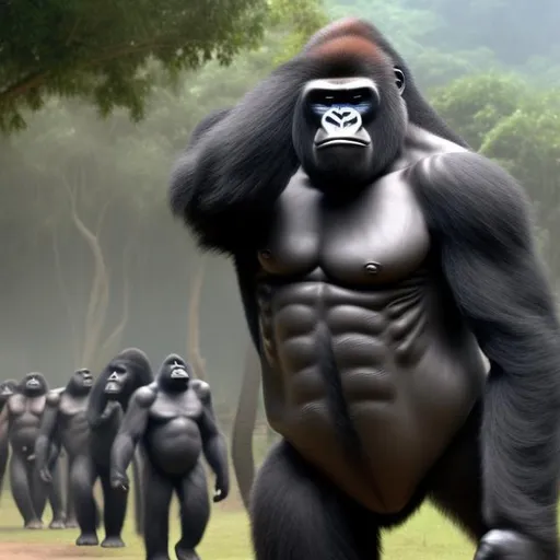 Prompt: General Gorilla leads a legion of apes to war against elephants