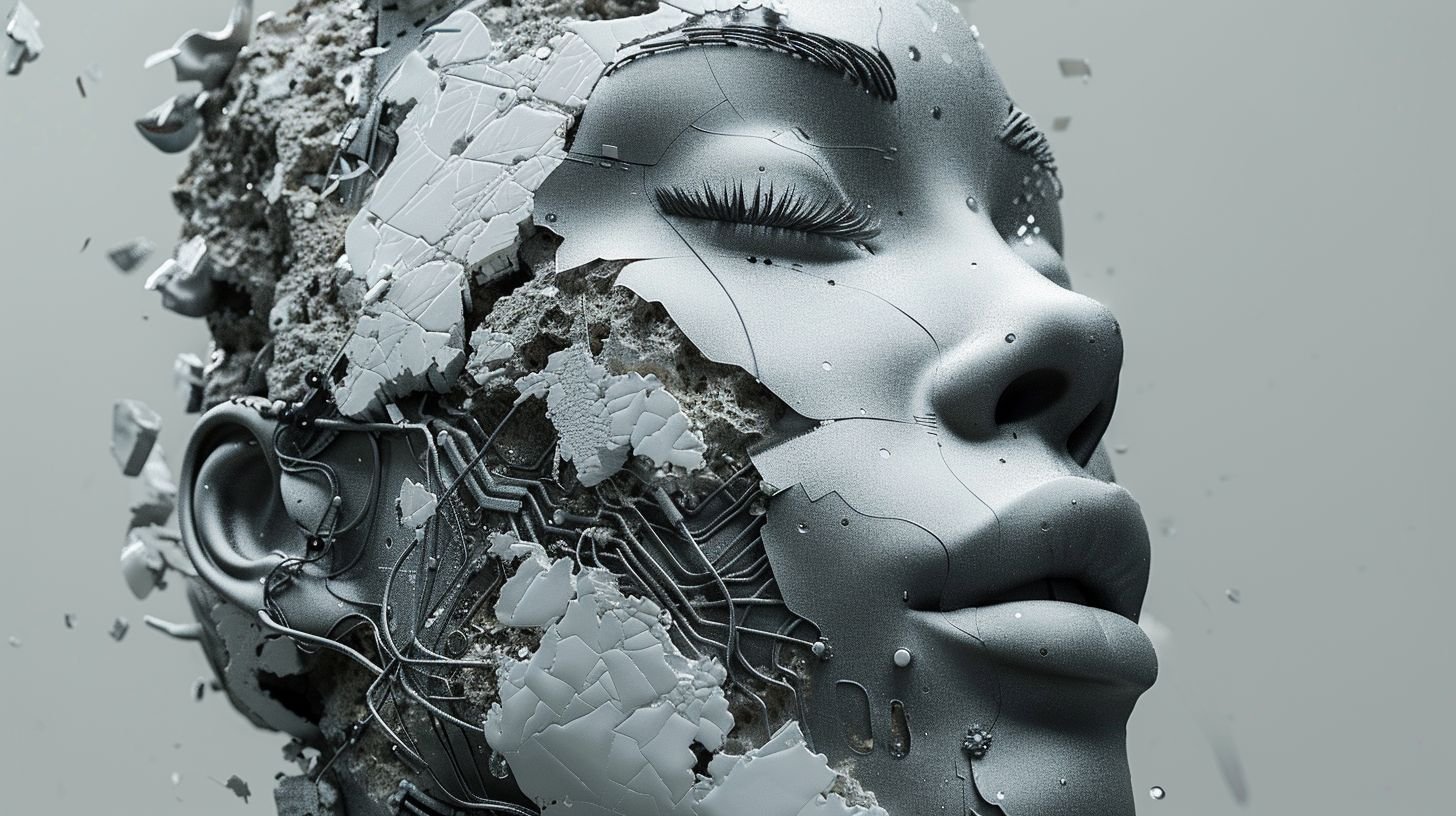 Prompt: 3d female face entwined with circuitry,, dark silver and onyx palette, afrofuturistic aesthetic, ornate circuitry-inspired body-art, digital fragmentation, android-esque elements, sleek latex composition, minimalist textural approach