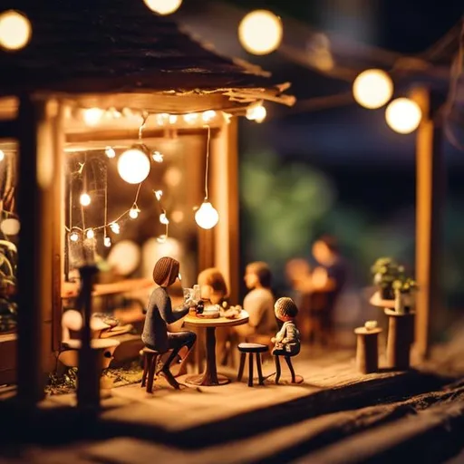 Prompt: tiny wooden outside cafe, tiny wooden people drinking, dining, dancing, string lights, dark night



