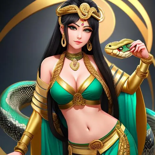 Prompt: young woman, snake goddess
