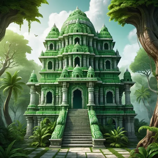 Prompt: Game RPG fantasy illustration of an hugh south indian temple, entire structure, snake reliefs, green and white marble materials, lush green surroundings, intricate carvings and ornate details, immersive world-building, high quality, detailed, epic scale, fantasy, game style, vibrant colors, atmospheric lighting, 