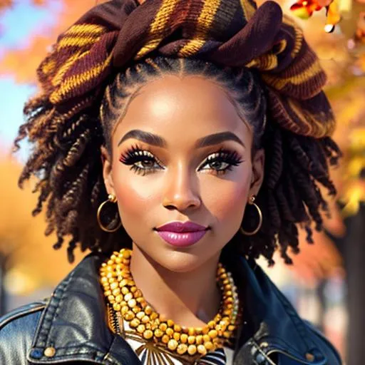 Prompt: Girl, Pretty makeup and stylish hair, autumn colors, facial closeup African American