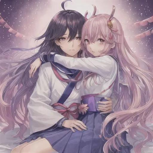 Prompt: Mahiro and Mihari from Oniichan Oshimai. Embracing at Tanabata wearing Seifuku, drawn in the style of Oniichan Oshimai, Digital Art, High definition

