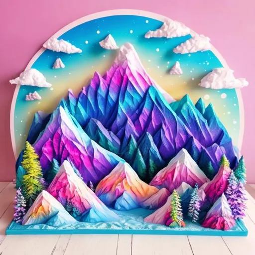 Prompt: Lisa frank style snowy mountain diorama 