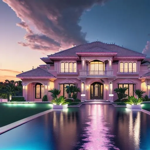 Prompt: long shot super detailed lifelike illustration, intricately detailed, dramatic pink skies gorgeous detailed high end mansion ,  cloudy night , high class area, modern cement  road , in front water fall wall 
masterpiece photoghrafic real digatal ultra realistic hyperdetailed 

iridescent reflection, cinematic light, movie 
 Lots of palm trees 

volumetric lighting maximalist photo illustration 4k, resolution high res intricately detailed complex,

soft focus, realistic, heroic fantasy art, clean art, professional, colorful, rich deep color, concept art, CGI winning award, UHD, HDR, 8K, RPG, UHD render, HDR render, 3D render cinema 4D