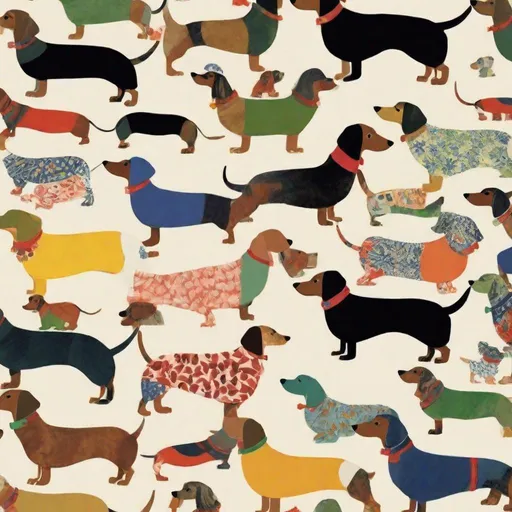 Prompt: Sausage dogs by amrita sher-gil, grace cossington smith, marimekko, rifle paper co