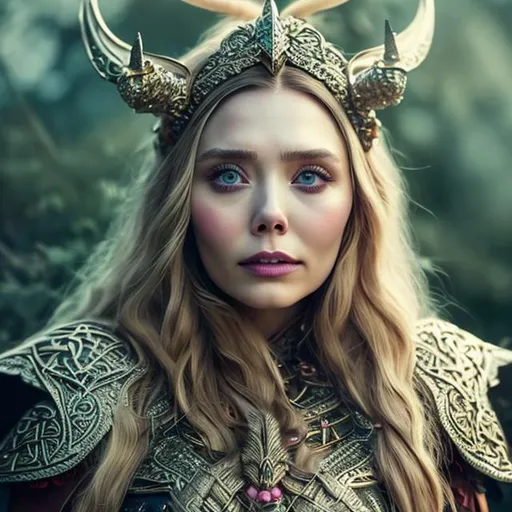 Prompt: unreal engine, masterpiece, tilt-shift technique, high quality full body photo of 
Elizabeth Olsen as a viking, warrior, wearing a double-horned helmet, and animal skin oc=ver shoulders, very highly detailed perfect form intricately painted, pink and white colours,  intricate exquisite face, realistic photo, high quality,  supermacro,, in perfect studio lighting, supermacro objective, with , best contrast, Greg Rutkovscky style, octane render