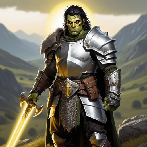 Prompt: A deep olive green skinned half-orc paladin is standing on a hill. He has black shaggy hair and amber yellow eyes. He is wearing full silver chain mail. He has a silver shield in his left hand. He has a mace in his right hand. There is a holy glow around him. 