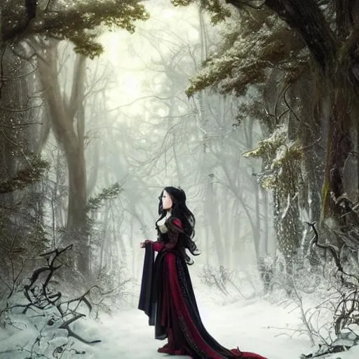 Prompt: Full body splash art of Snow White as a vampire queen, long curly hair, intricate, elegant, wide angle, highly detailed, extremely detailed, HD, digital painting, smooth, sharp focus, illustration, art by artgerm and greg rutkowski and alphonse mucha and John William Waterhouse, dark, eerie, gothic, creepy, horror