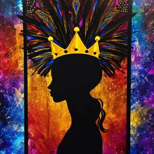 Prompt: black queen of the bible with crown and flowing on artistic spatial background