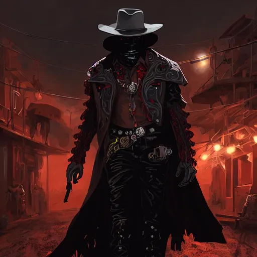 Prompt: Cyber Cowboy with 4 Arms, fiery red Poncho, Dressed in black duster and Stetson Cowboy Hat, with Red eyes, Haunting Presence, Intricately Detailed, Hyperdetailed, Desert Wild West Landscape, Dusty Midnight Lighting, Wild West Feel