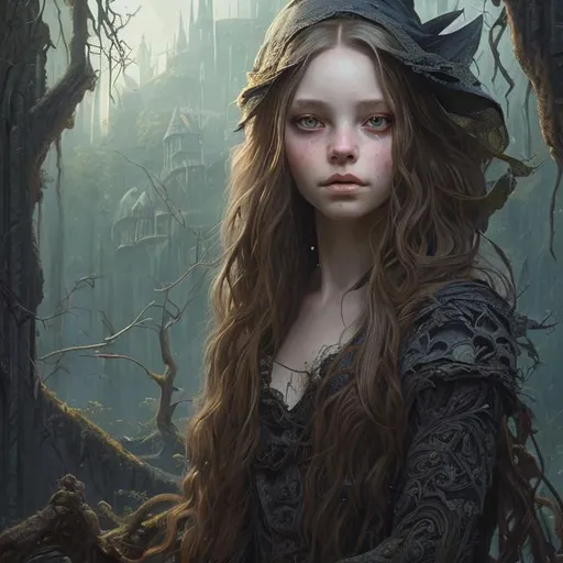 Prompt: Portrait of {young witch woman} with {long multi-colour} hair and with cute face, {forest ruin castle background}, perfect composition, hyperrealistic, super detailed, 8k, high quality, trending art, trending on artstation, sharp focus, studio photo, intricate details, highly detailed, by greg rutkowski