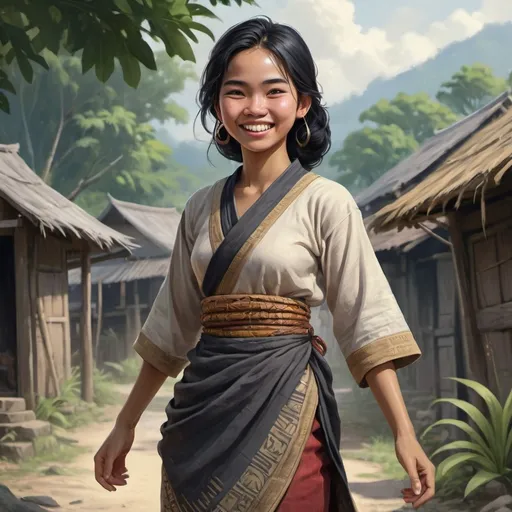 Prompt: Full body, Fantasy illustration of a female malayan village girl, 17 years old, joyful expression, traditional garment, black hair, high quality, rpg-fantasy, detailed, malayan village background
