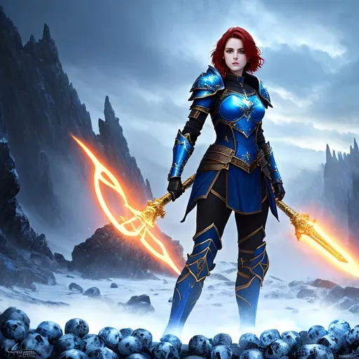 Prompt: oil painting of young female warrior in blue heavy combat armor without helmet standing on hilltop made of skulls,
stunning scarred face,
short red hair,
gold armor details,
long black cape,
glowing halo effect,
movie scene,
medium shot,
UHD