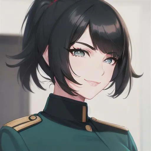 Prompt: portrait of young woman with black hair and hazel eyes dressed in a sharp dark teal military uniform, smiling at camera, ilya kuvshinov, anime, cheerful