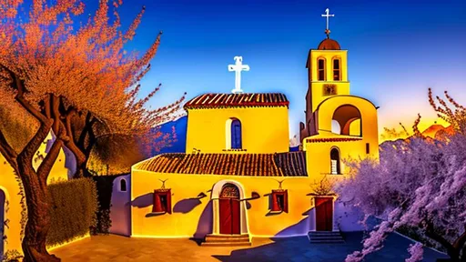 Prompt: a Salvador dali style painting of chrisoskalitisa cretan orthodox monastery  in a summer early morning just before sunrise amidst almond trees blossom 