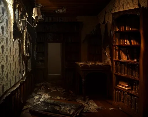 Prompt: highly detailed, light from room at en of dark coridor, bookshelf, cobweb, inside abanodned witch house occult, torn wallpaper, art, concept art, 