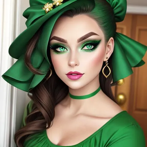 Prompt: A woman all in green, green eyes, pretty makeup