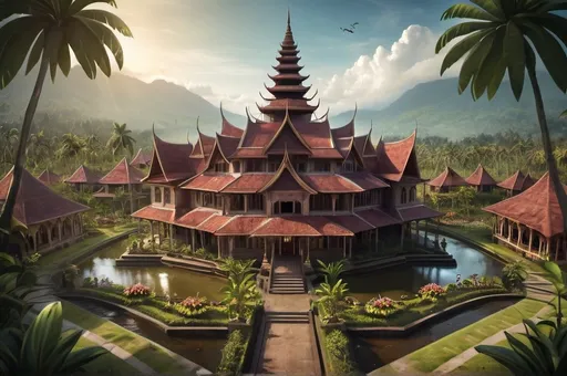 Prompt: Fantasy Illustration of a rumah gadang, sumatra minangkabau architecture, surrounded by a orchid garden, birdview, dramatic fantasy settlement scene, cinematic lighting