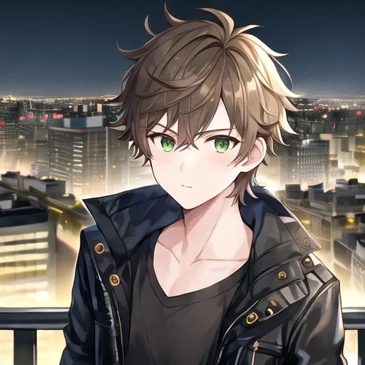 Prompt: 1boy, male, adult, calm demeanor, short_hair, hyperrealisitic, brown_hair, messy_hair, alternate costume, black jacket, green eyes, 4K, HDR, detailed face, detailed background, tokyo, night_sky, city, jacket