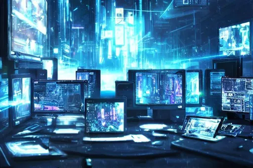 Prompt: multiple screen, media maniak dark and paranoid atmosphere, Realistic concept art dark blue light atmosphere, cyberpunk