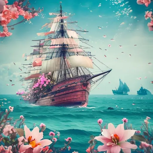 Prompt: A ship on the ocean with many flowers