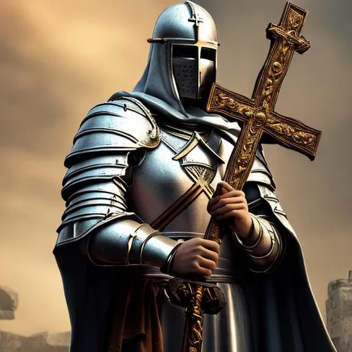 Prompt: Crusader knight on holding a cross in both his hands