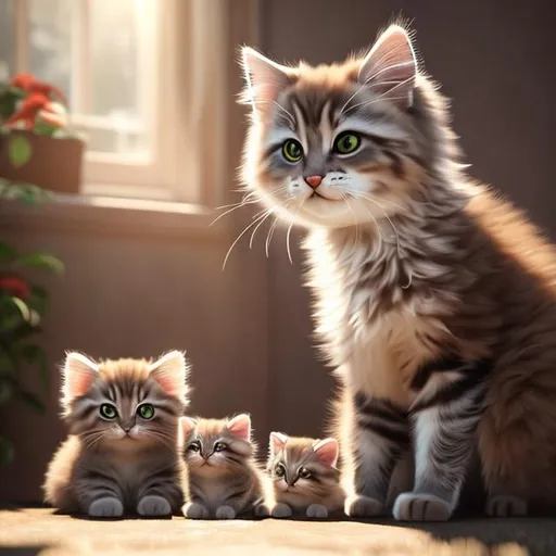 Prompt:  realistic fluffy very cute and eyes calm lighting, highly detailed, fluffy, adorable, beautiful, soft dramatic lighting, light shafts, radiant, ultra high quality render, realistic background, full body mama cat with baby kittens nursing and paws 