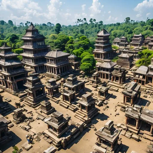 Prompt: Ancient city still populated though heavily damaged and weathered. Has a bustiling market plaza in front of an ancient temple in ruins. In the middle of the jungle. 